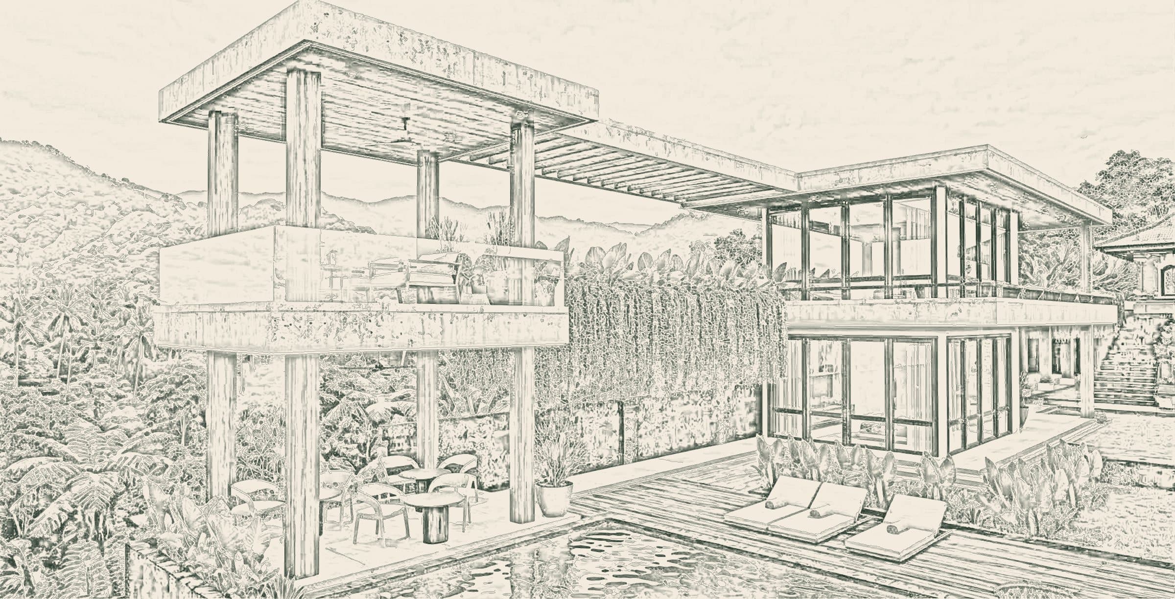 Jungle canopy villa: pencil sketch