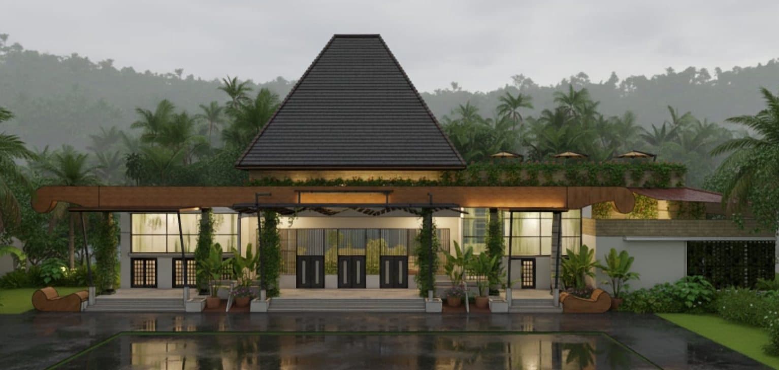 Pavilion roof residence over its reflecting pool